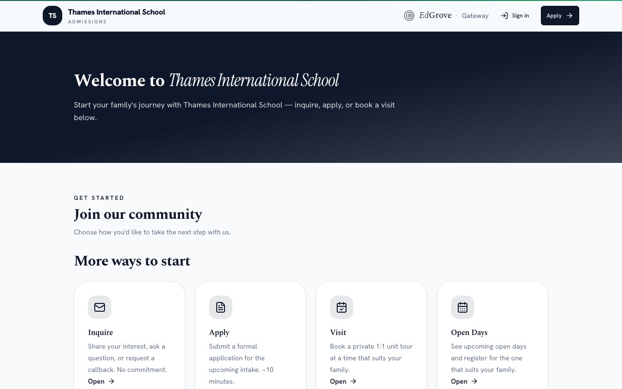 The live Gateway admissions portal of a school: inquire, apply, visit and open-day options